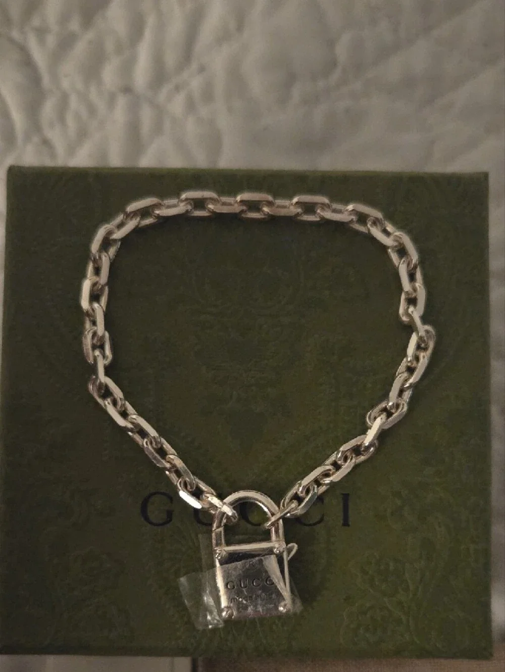 Authentic Gucci Silver Padlock Chain Bracelet with Charm